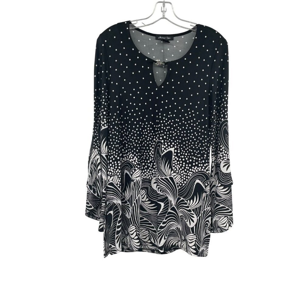 Michael Taylor Womens Pullover Top Polka Dot Long Sleeve Black/White Medium